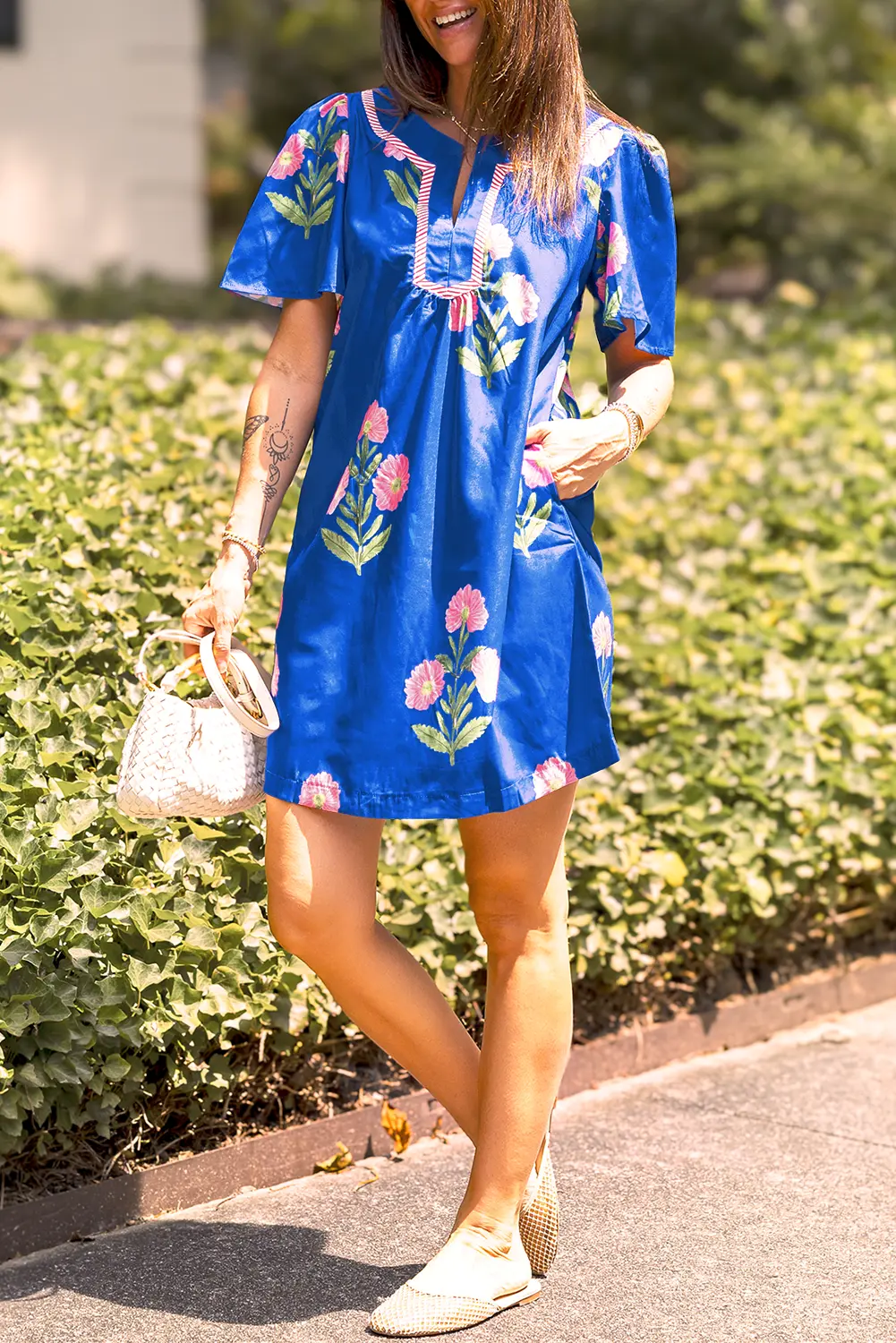 Blue Floral Short Sleeve Split Neck Loose Mini Dress Love Salve